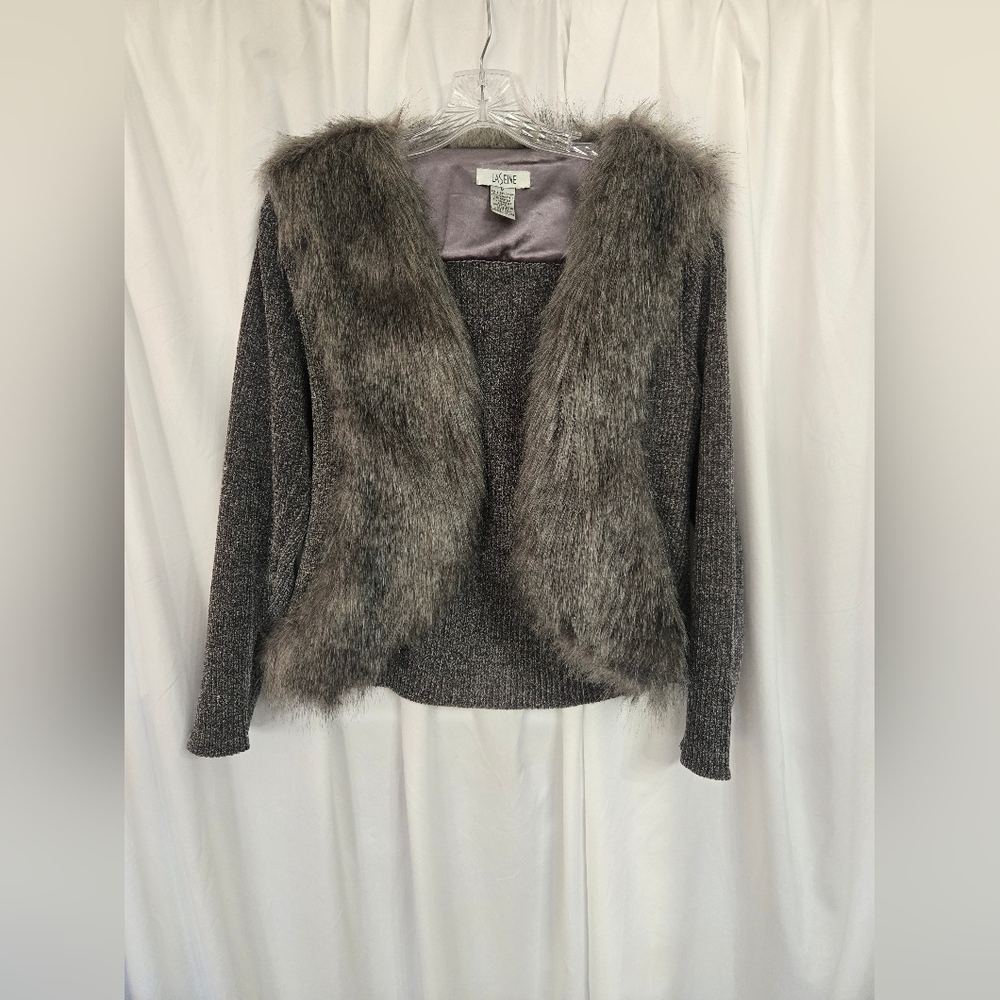 LaSeine Winter Holiday Knit Gray Faux Fur Trim Cardigan Size M